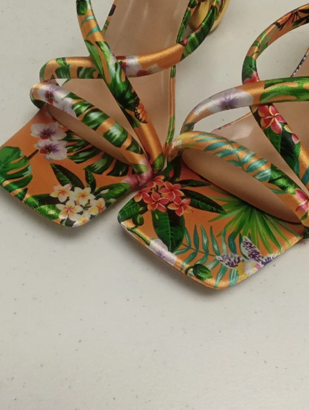 Floral Multicolor Strappy Mule with Gold Sculpted Heel